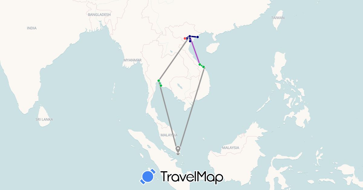 TravelMap itinerary: driving, bus, plane, train, hiking in Singapore, Thailand, Vietnam (Asia)